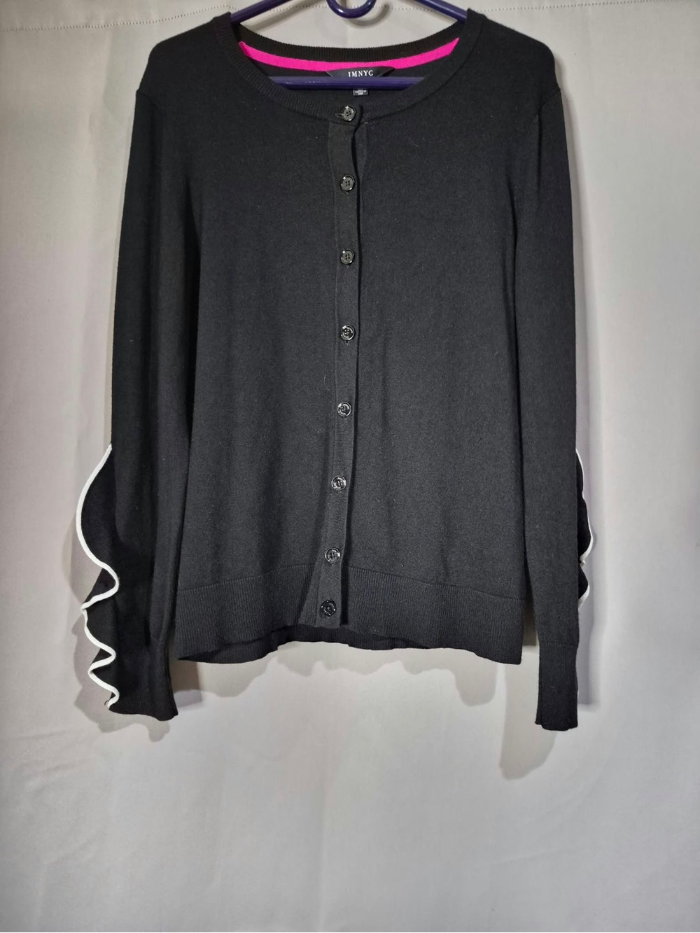 Isaac Mizrahi Black Cardigan with White Ruffle Trim